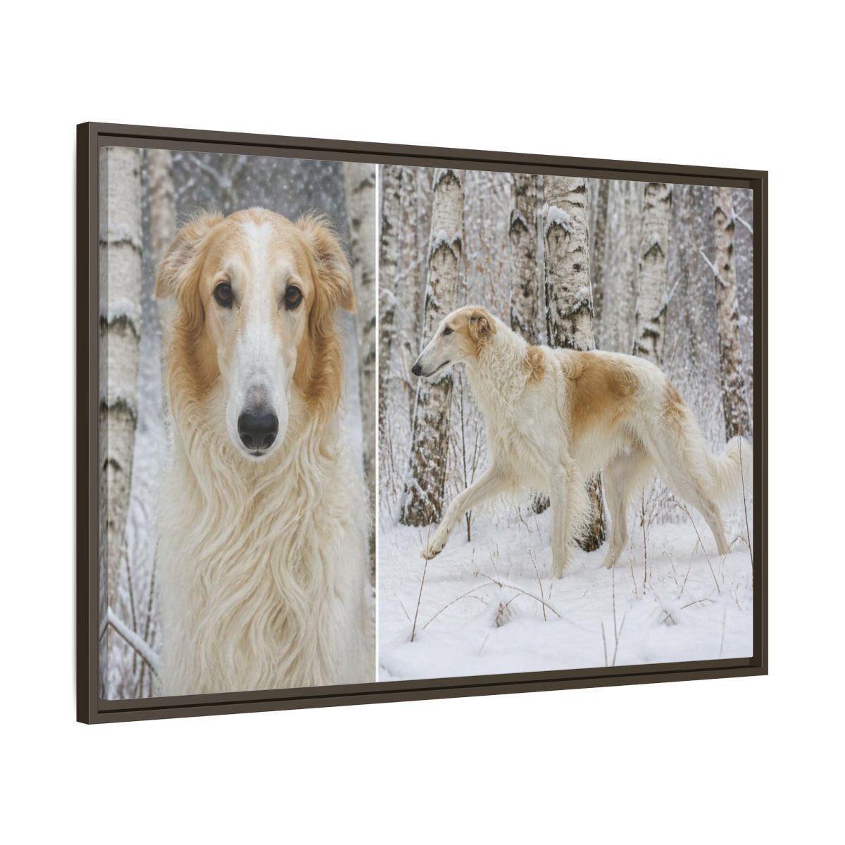 Main Mockup. Pet Borzoi In Snow shown as framed canvas print