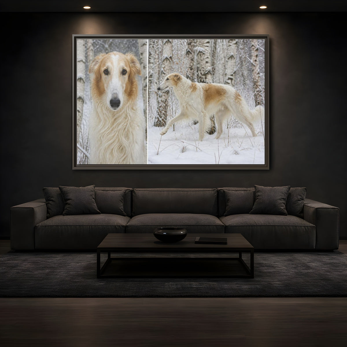 Mockup 3. Pet Borzoi In Snow shown as framed canvas print