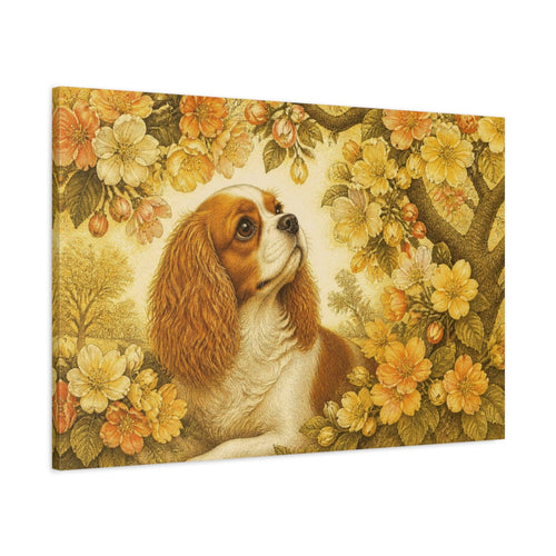 Main Mockup. Pet Cavalier Spaniel In Blossoms shown as canvas print