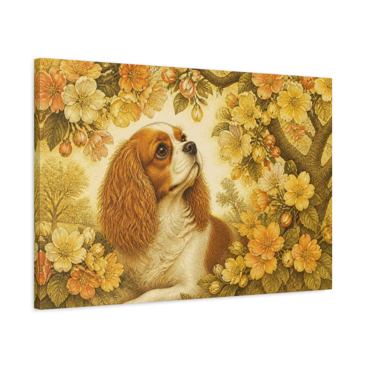 Side Mockup 2. Pet Cavalier Spaniel In Blossoms shown as canvas print