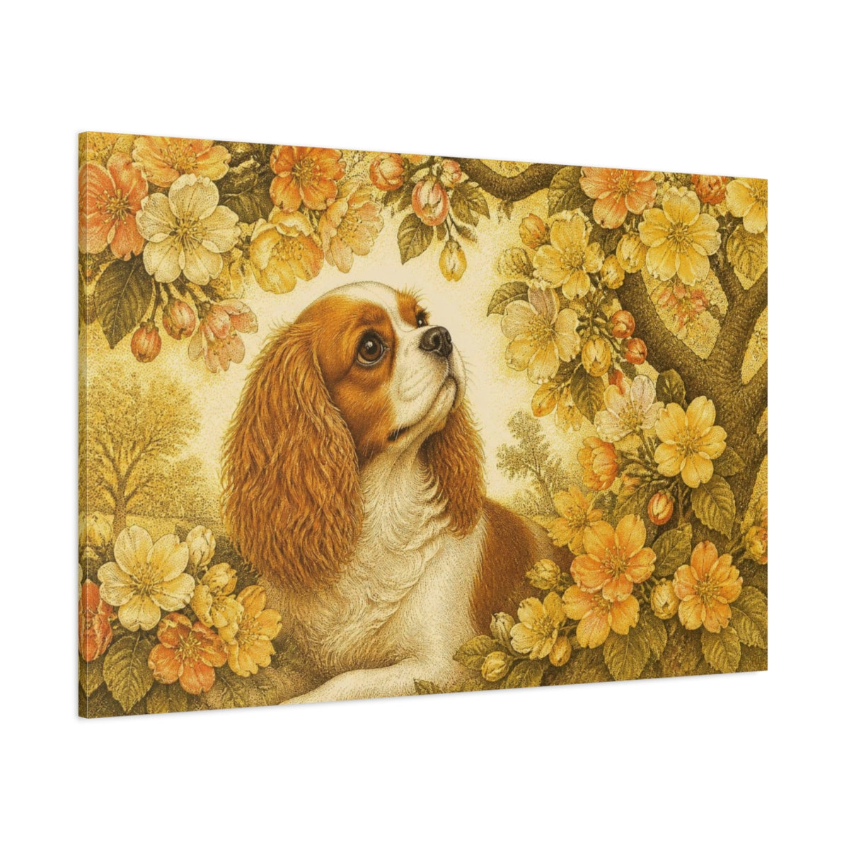 Side Mockup 1. Pet Cavalier Spaniel In Blossoms shown as canvas print
