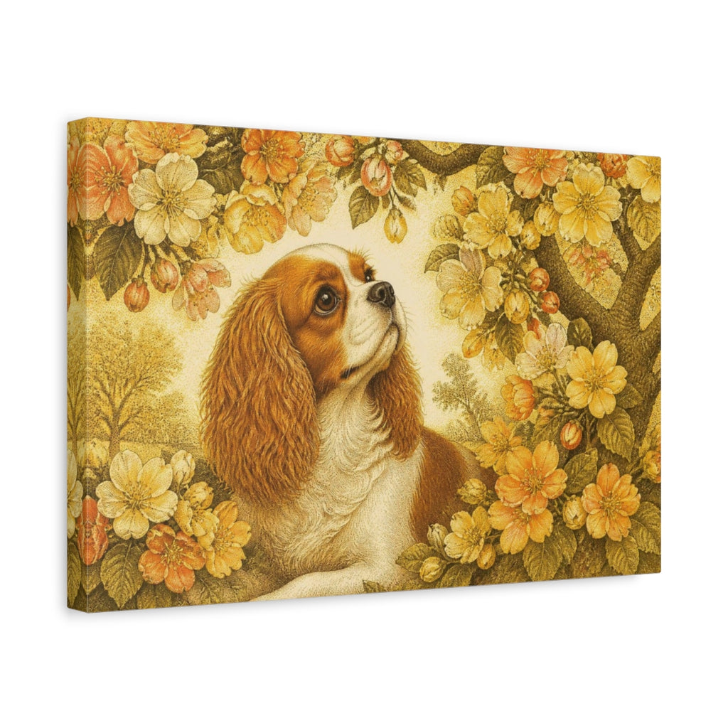 Side Mockup 4. Pet Cavalier Spaniel In Blossoms shown as canvas print