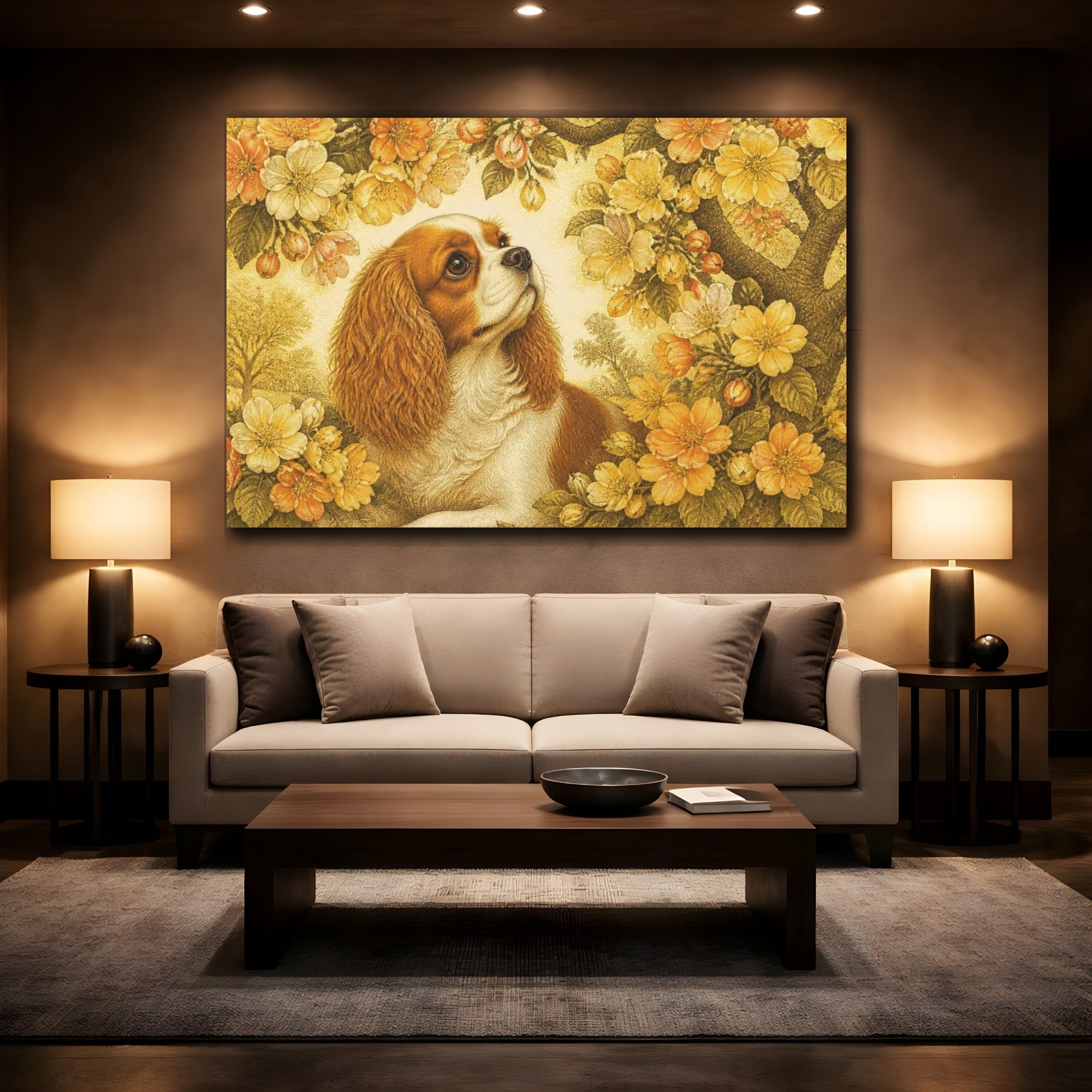 Mockup 2. Pet Cavalier Spaniel In Blossoms shown as canvas print