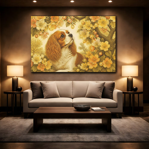 Mockup 2. Pet Cavalier Spaniel In Blossoms shown as canvas print