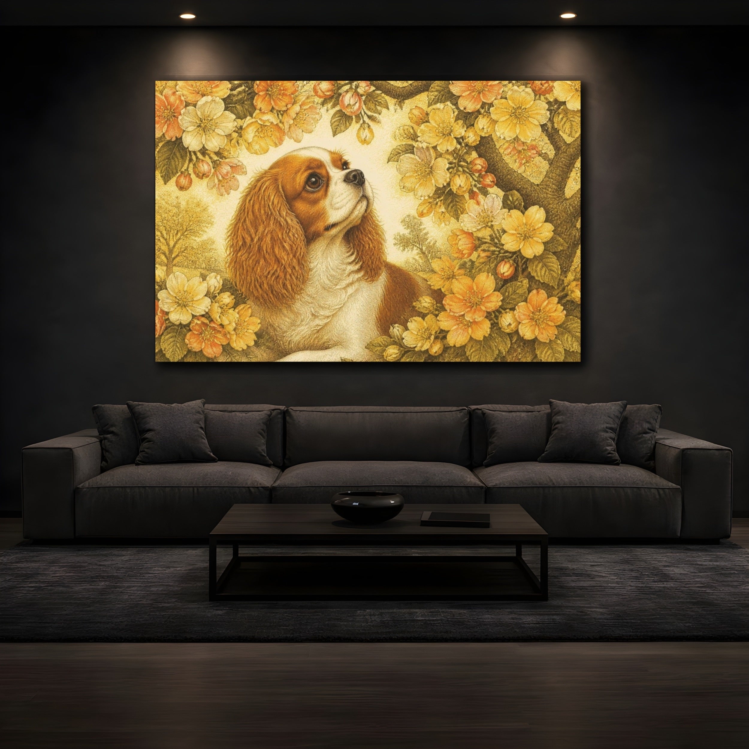 Mockup 3. Pet Cavalier Spaniel In Blossoms shown as canvas print