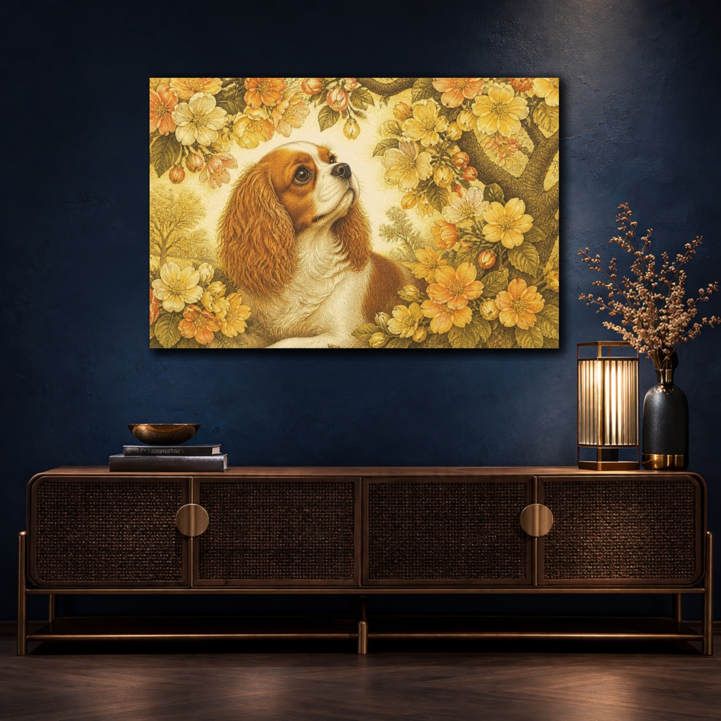 Mockup 4. Pet Cavalier Spaniel In Blossoms shown as canvas print