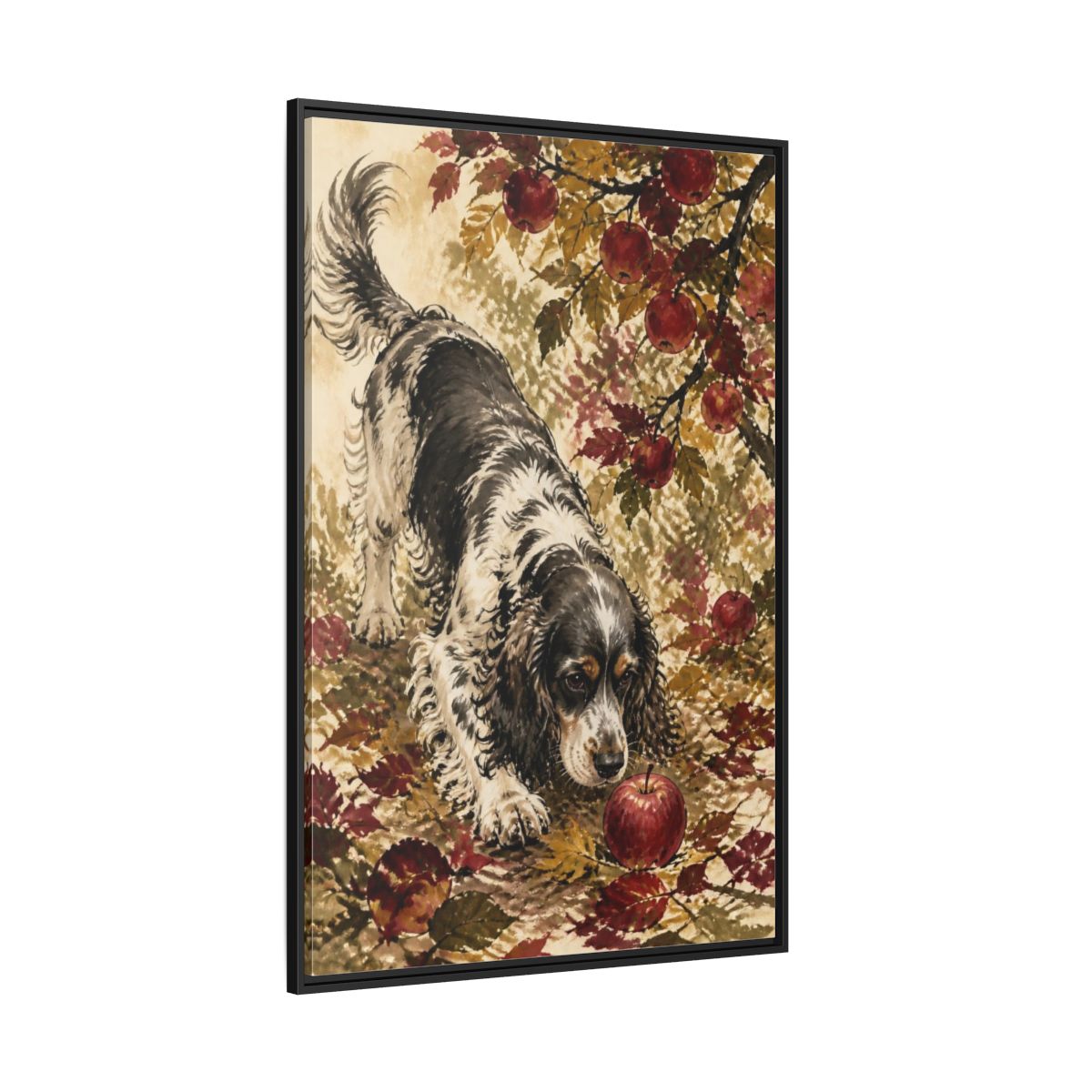 Side Mockup 12. Pet Cocker Spaniel With Apple shown as framed canvas print