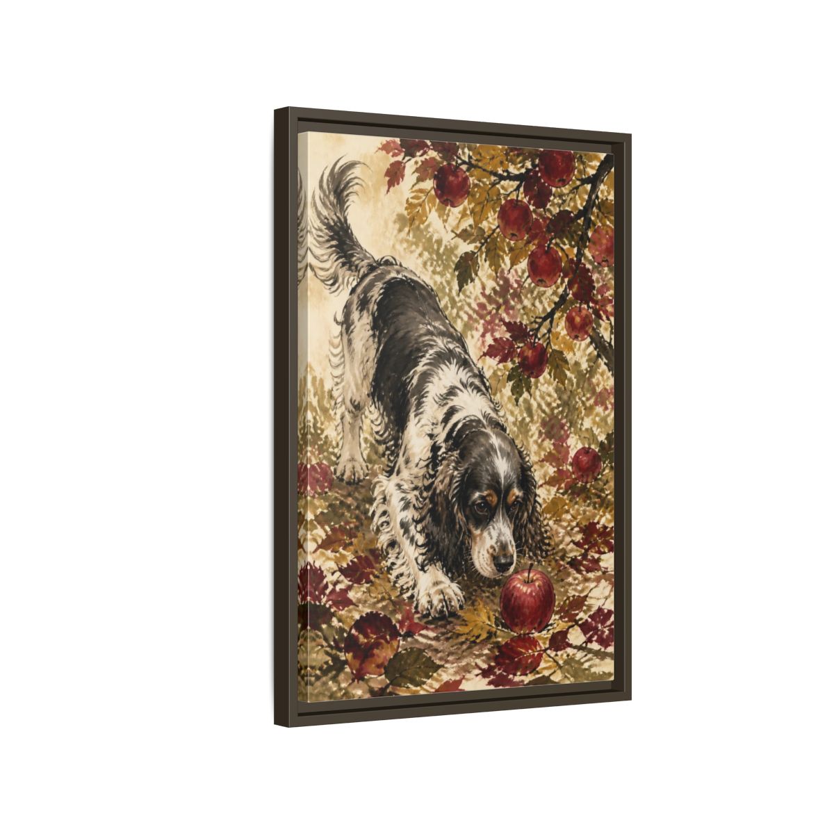Side Mockup 2. Pet Cocker Spaniel With Apple shown as framed canvas print