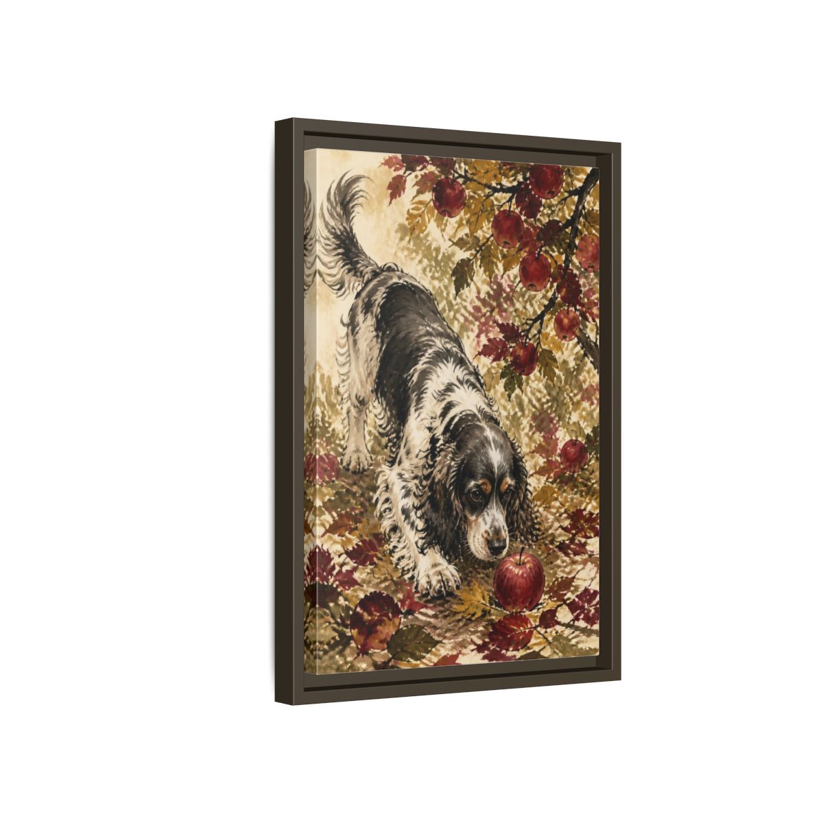 Side Mockup 5. Pet Cocker Spaniel With Apple shown as framed canvas print