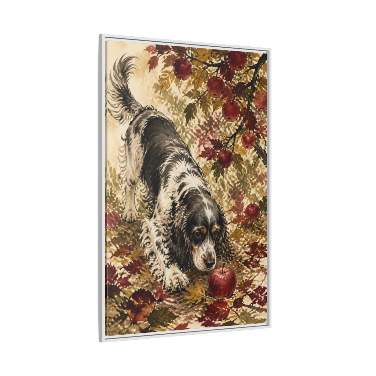 Side Mockup 7. Pet Cocker Spaniel With Apple shown as framed canvas print