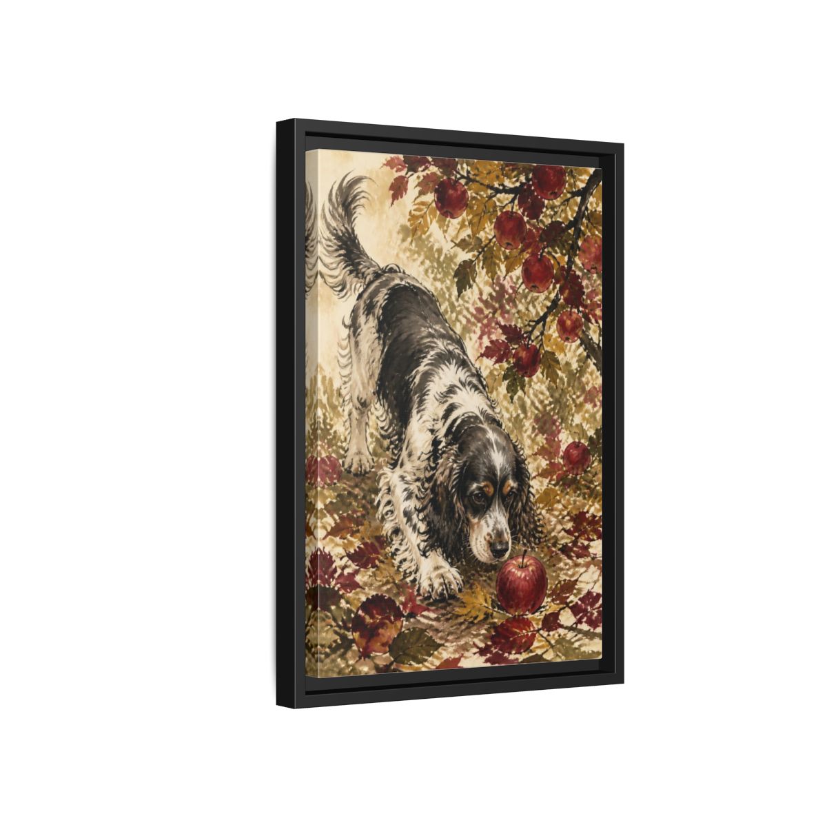 Side Mockup 6. Pet Cocker Spaniel With Apple shown as framed canvas print