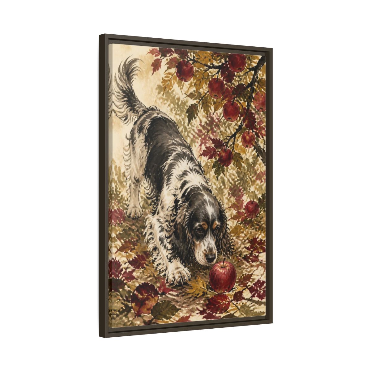 Side Mockup 11. Pet Cocker Spaniel With Apple shown as framed canvas print