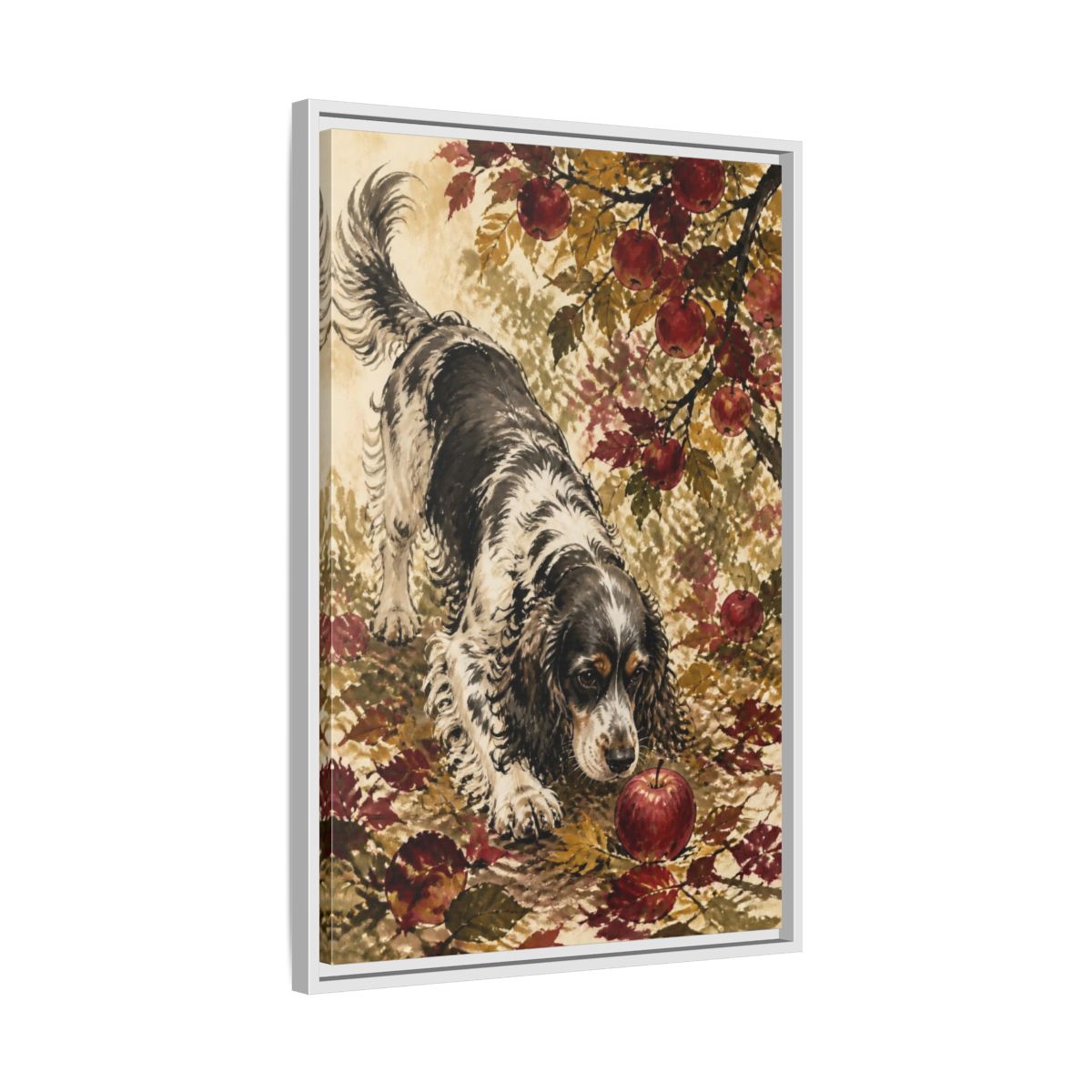 Side Mockup 10. Pet Cocker Spaniel With Apple shown as framed canvas print