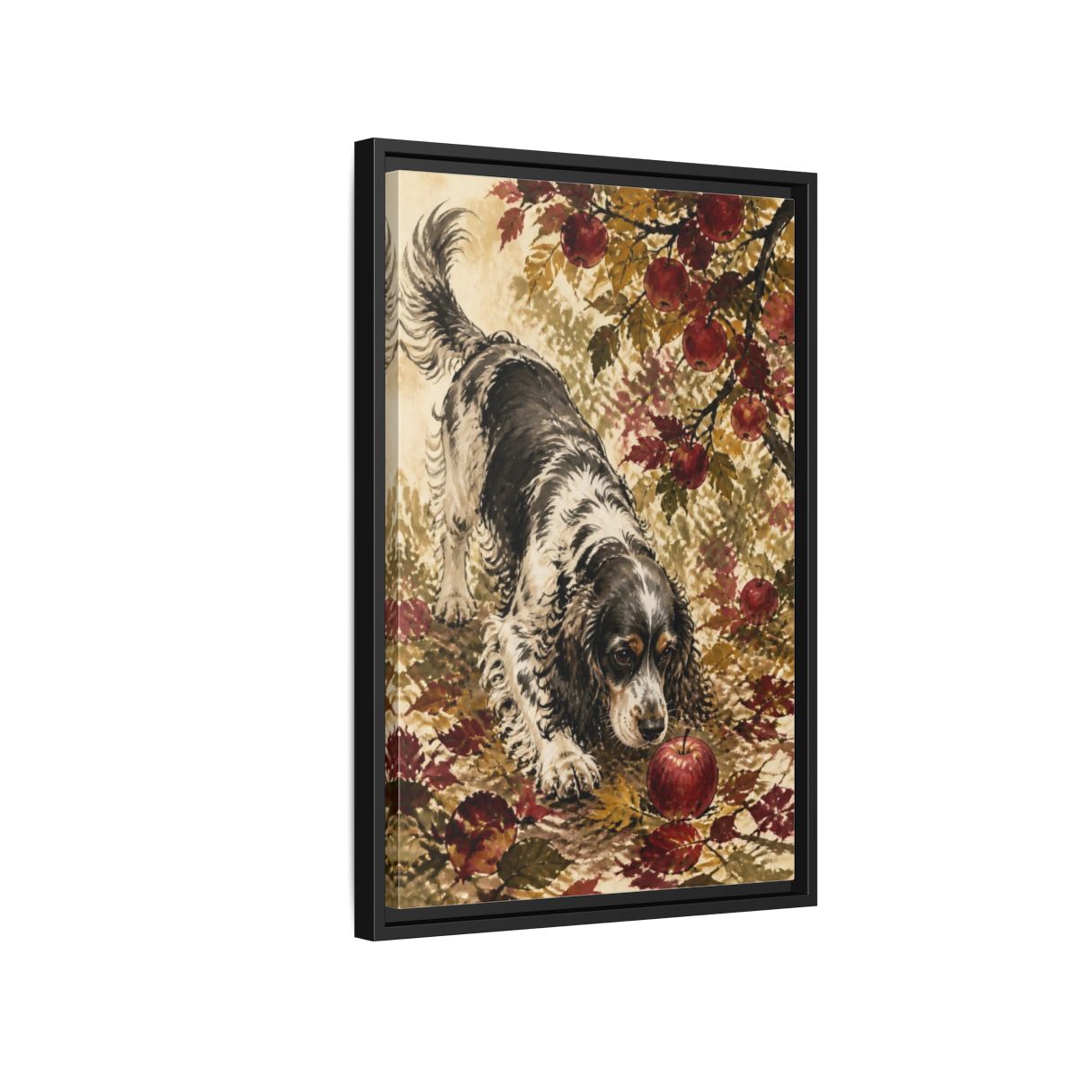 Side Mockup 3. Pet Cocker Spaniel With Apple shown as framed canvas print