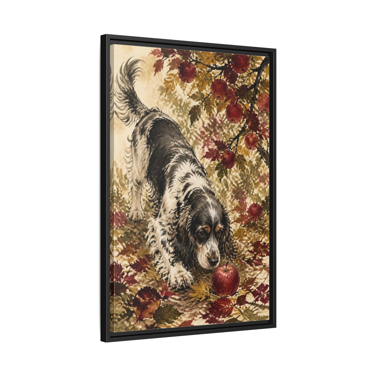 Side Mockup 14. Pet Cocker Spaniel With Apple shown as framed canvas print