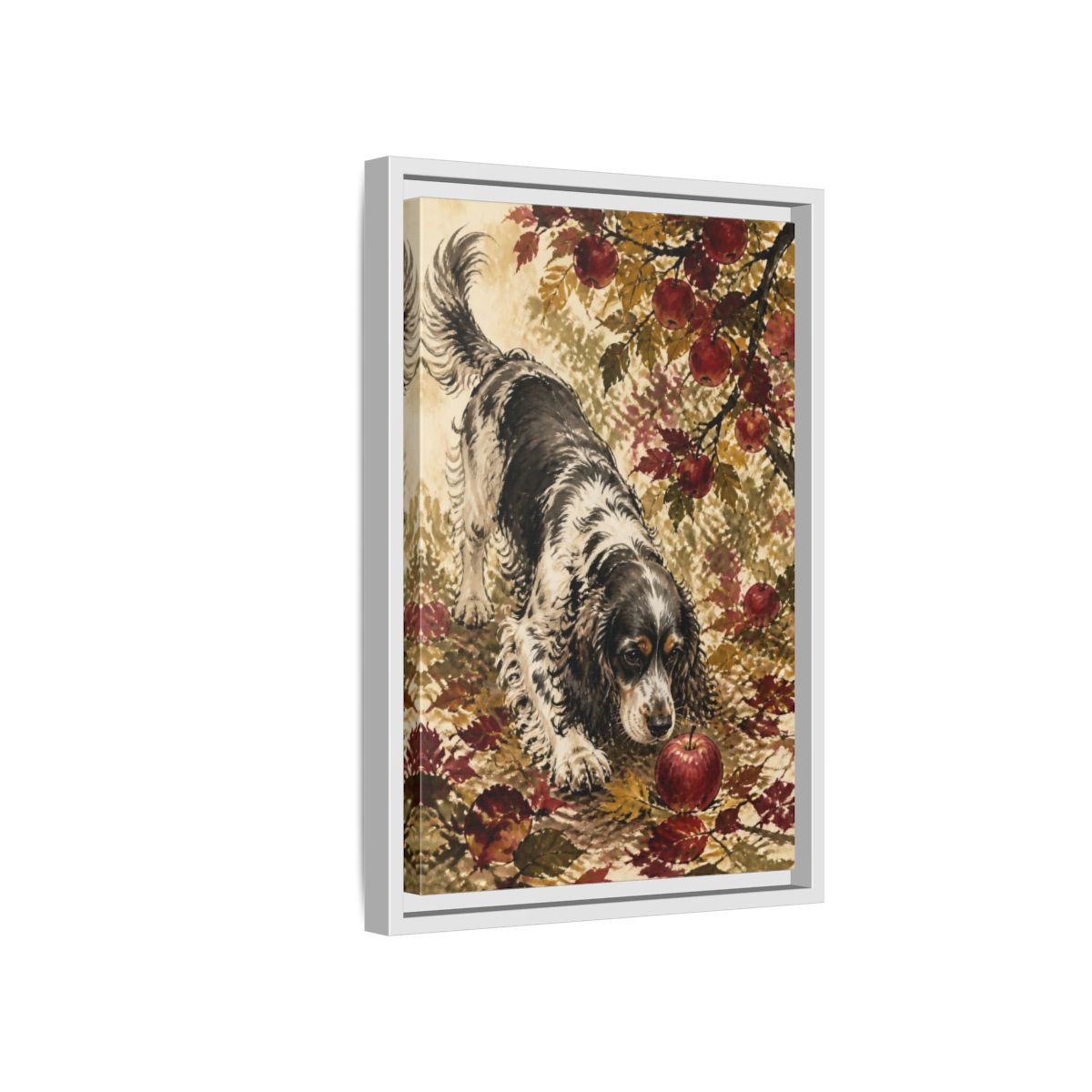 Side Mockup 4. Pet Cocker Spaniel With Apple shown as framed canvas print