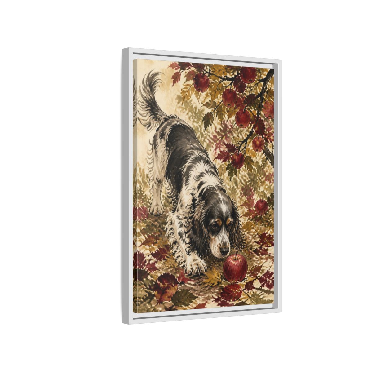 Side Mockup 1. Pet Cocker Spaniel With Apple shown as framed canvas print