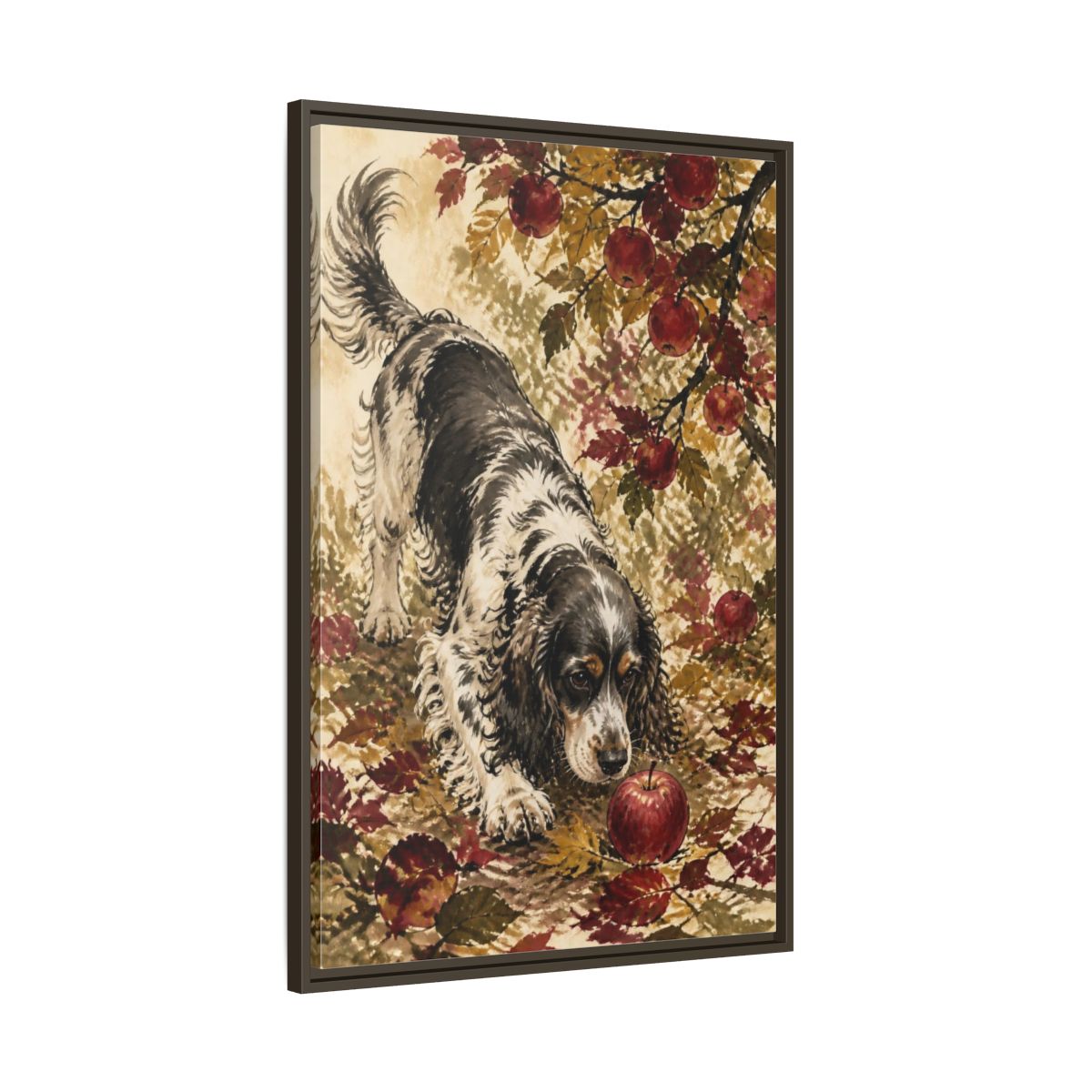 Main Mockup. Pet Cocker Spaniel With Apple shown as framed canvas print