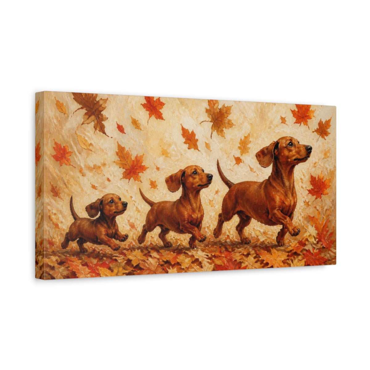 Side Mockup 3. Pet Dachshund In Leaves shown as canvas print