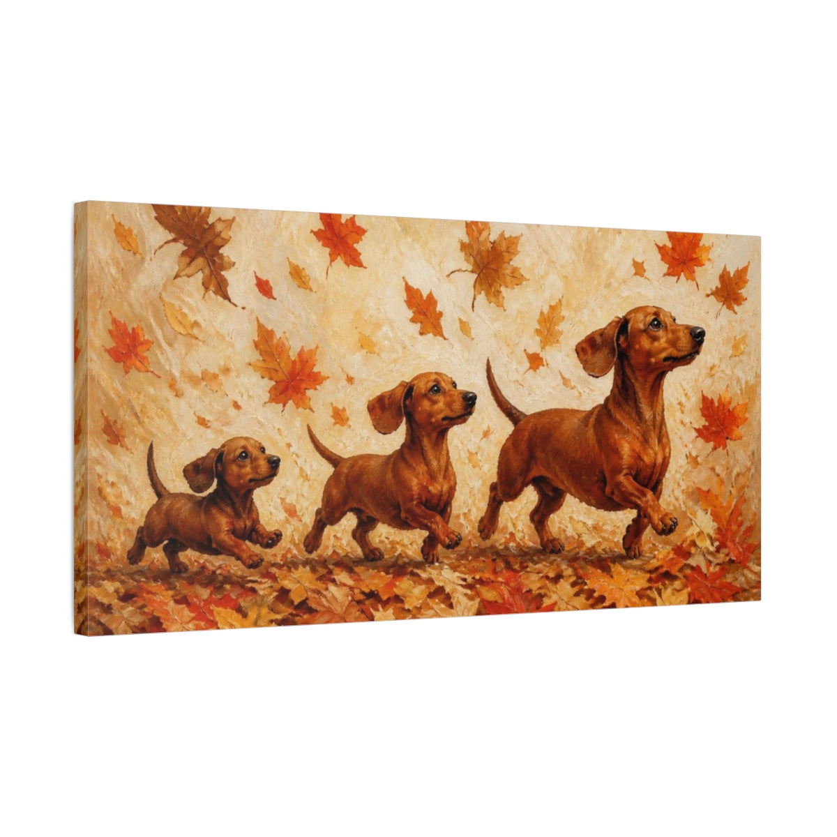 Side Mockup 1. Pet Dachshund In Leaves shown as canvas print