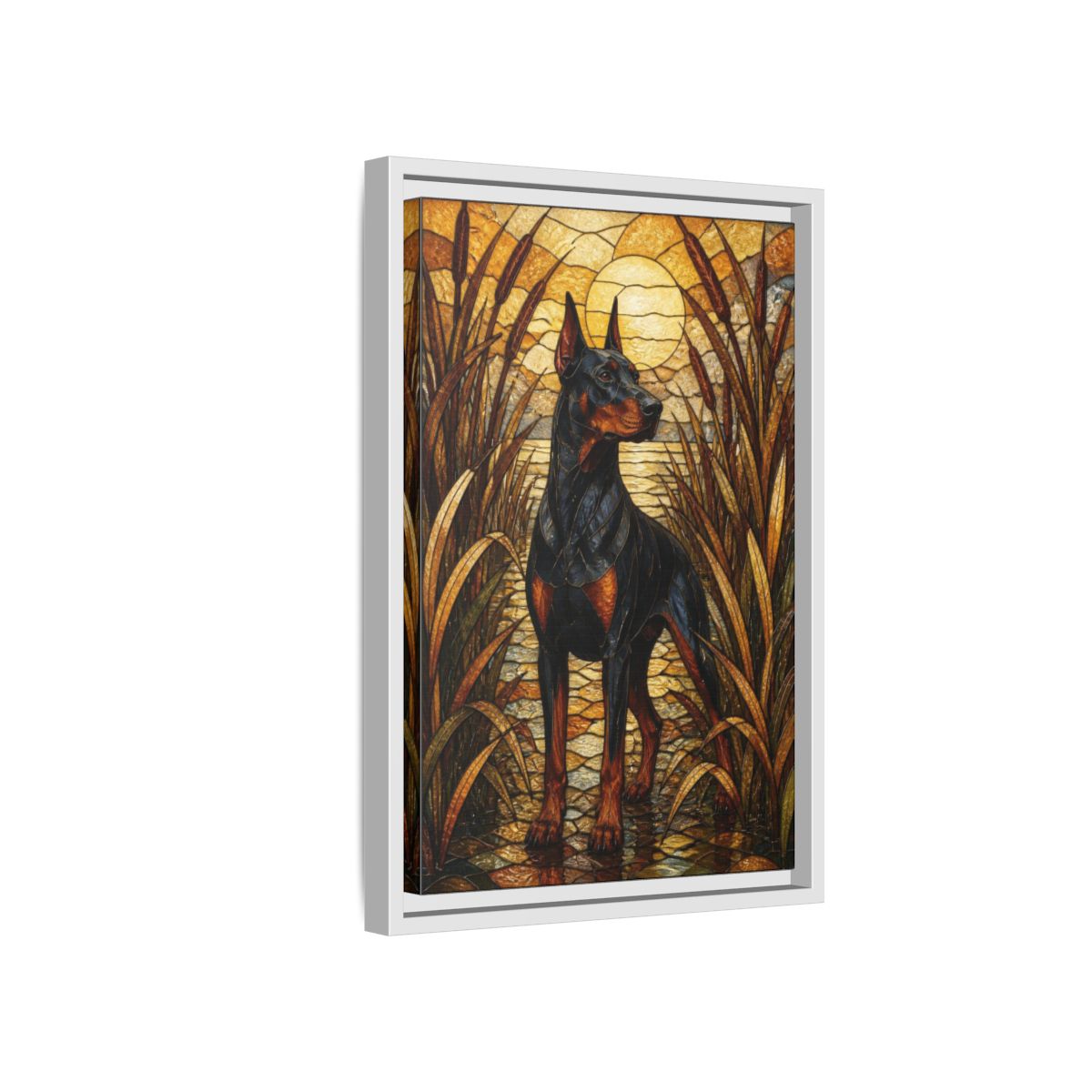 Side Mockup 4. Pet Doberman Stained Glass shown as framed canvas print