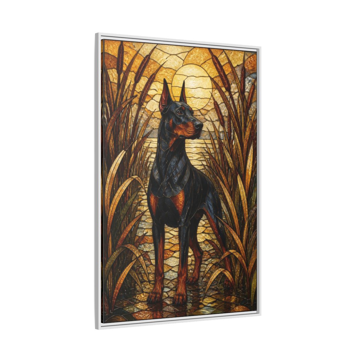 Side Mockup 7. Pet Doberman Stained Glass shown as framed canvas print