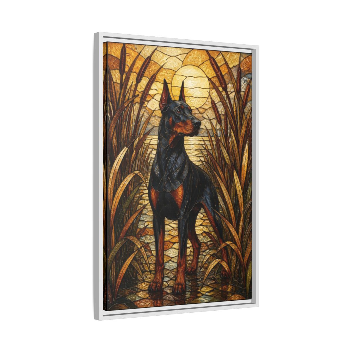 Side Mockup 10. Pet Doberman Stained Glass shown as framed canvas print