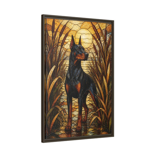 Main Mockup. Pet Doberman Stained Glass shown as framed canvas print