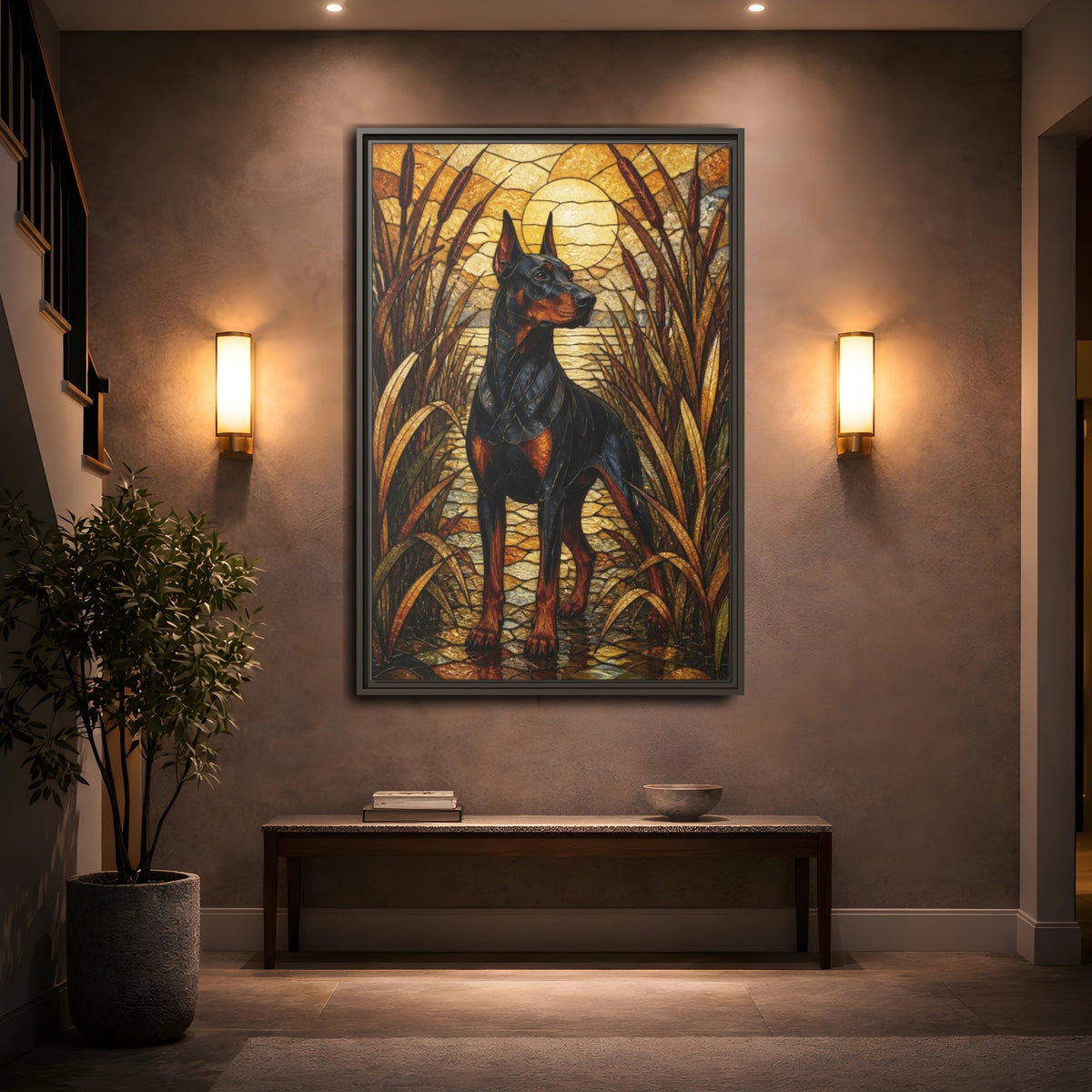 Mockup 2. Pet Doberman Stained Glass shown as framed canvas print
