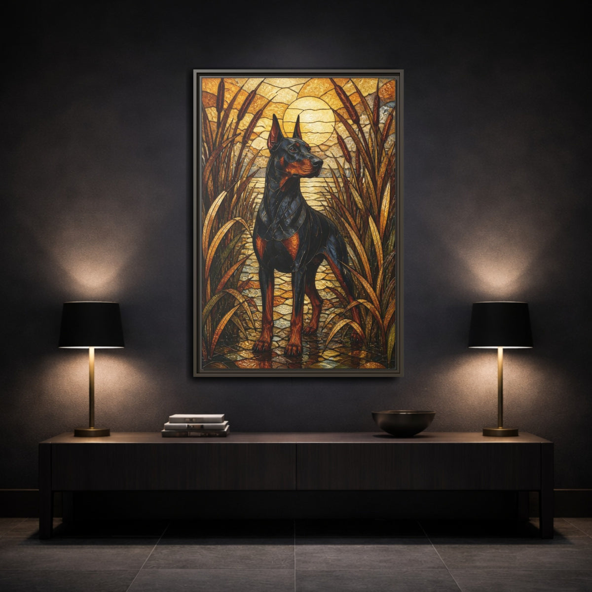 Mockup 3. Pet Doberman Stained Glass shown as framed canvas print