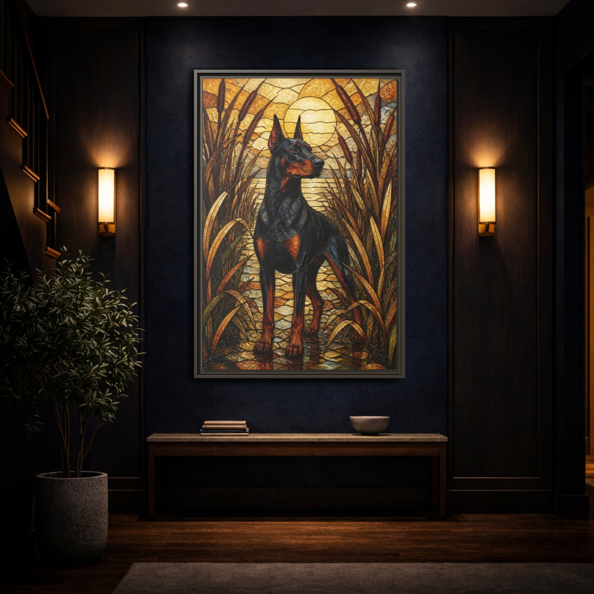 Mockup 4. Pet Doberman Stained Glass shown as framed canvas print