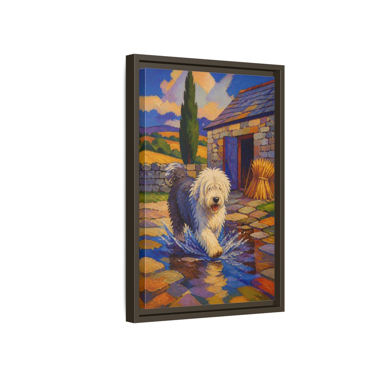 Side Mockup 5. Pet Sheepdog Splash shown as framed canvas print