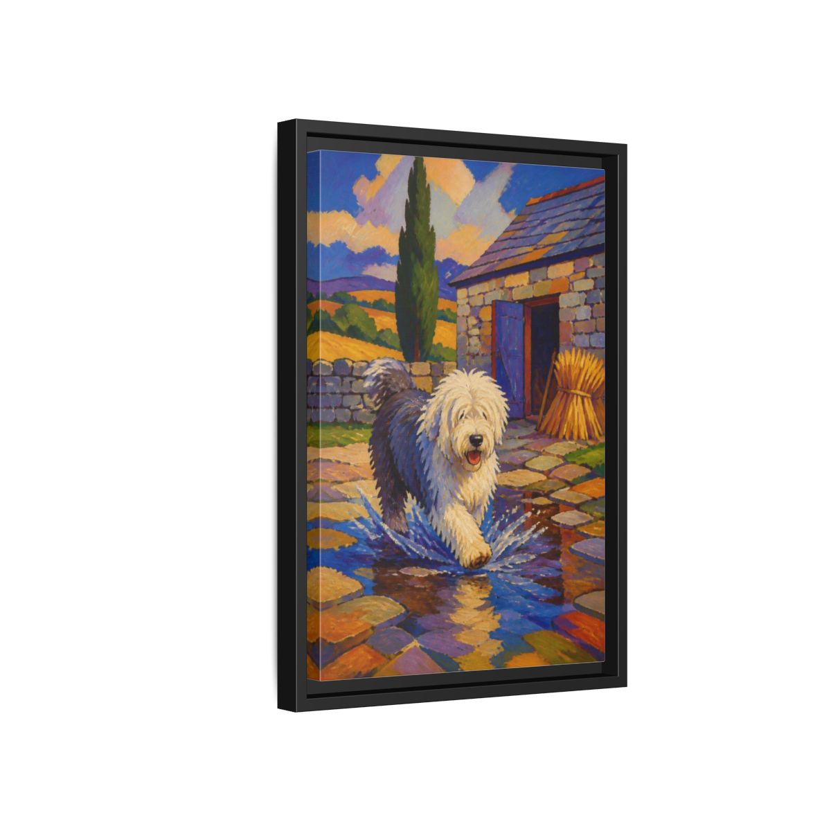 Side Mockup 6. Pet Sheepdog Splash shown as framed canvas print