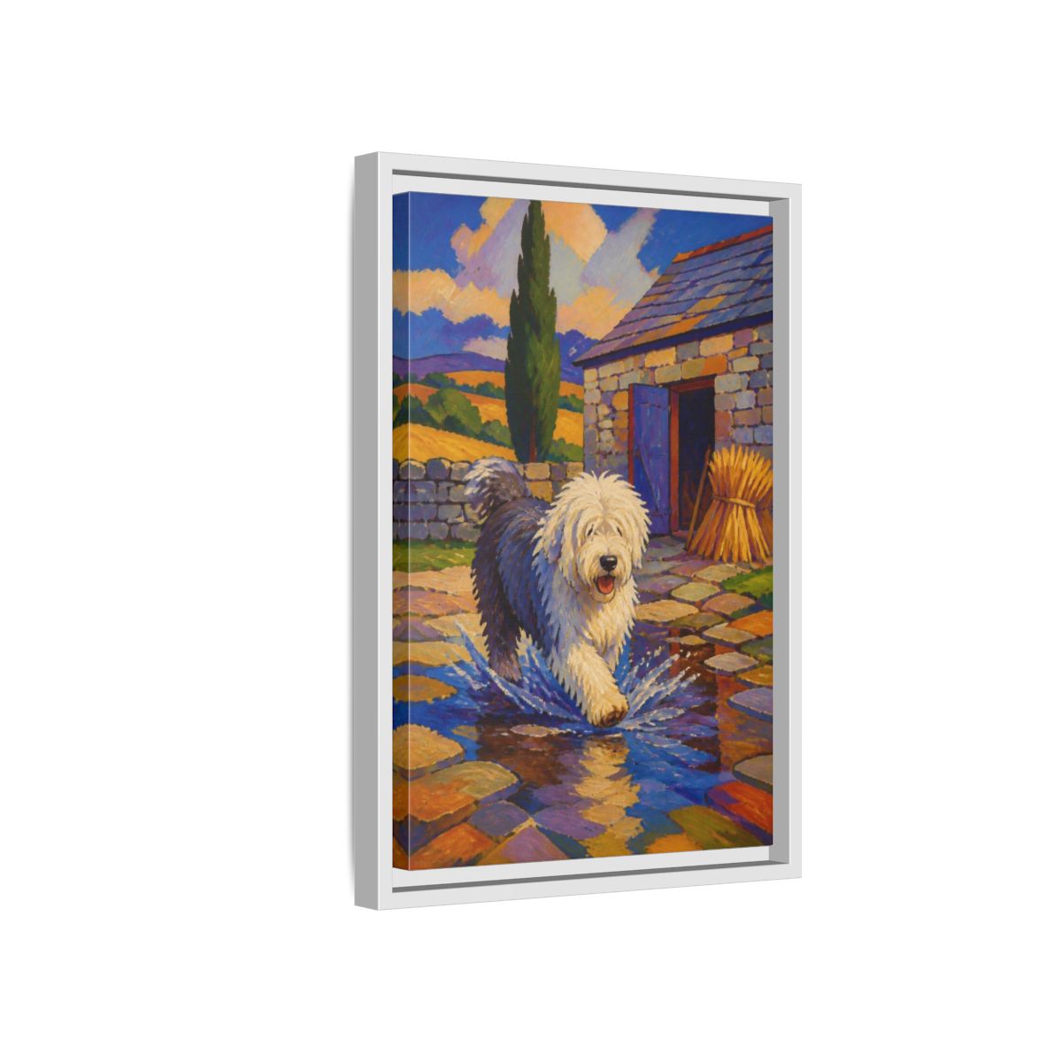 Side Mockup 4. Pet Sheepdog Splash shown as framed canvas print