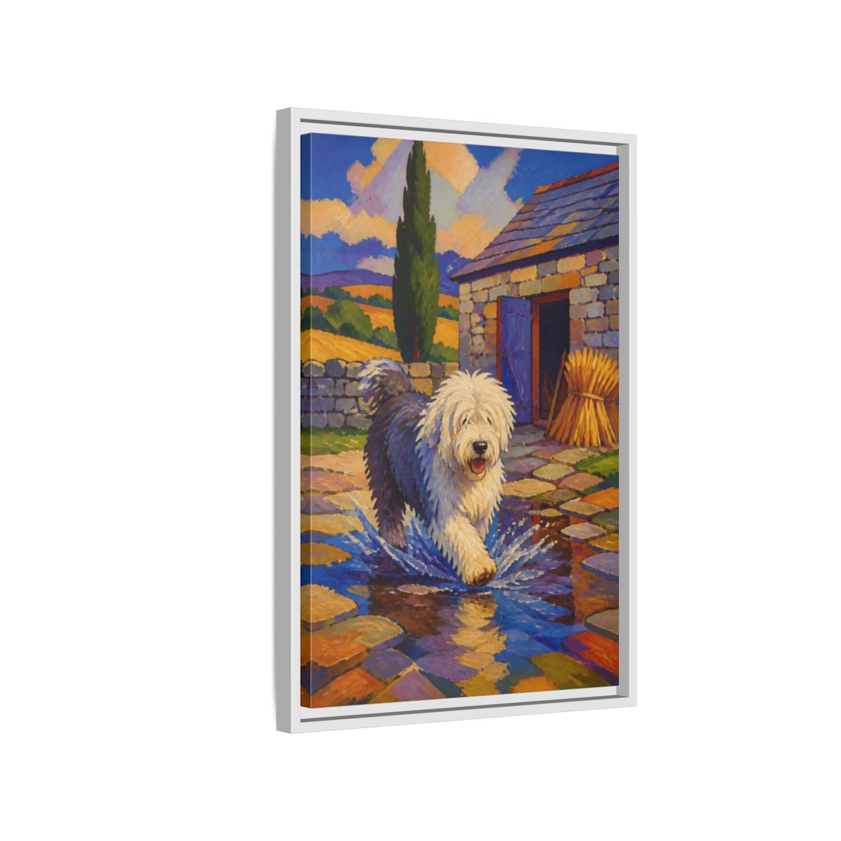 Side Mockup 1. Pet Sheepdog Splash shown as framed canvas print