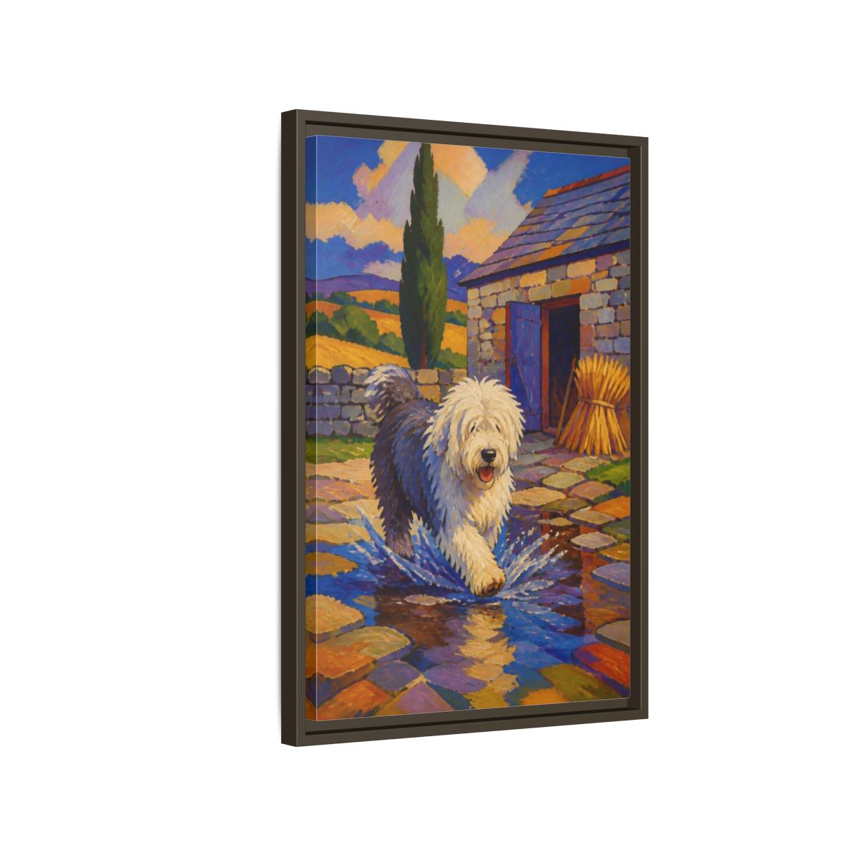 Side Mockup 2. Pet Sheepdog Splash shown as framed canvas print
