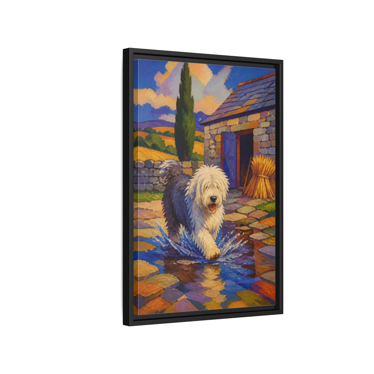 Side Mockup 3. Pet Sheepdog Splash shown as framed canvas print