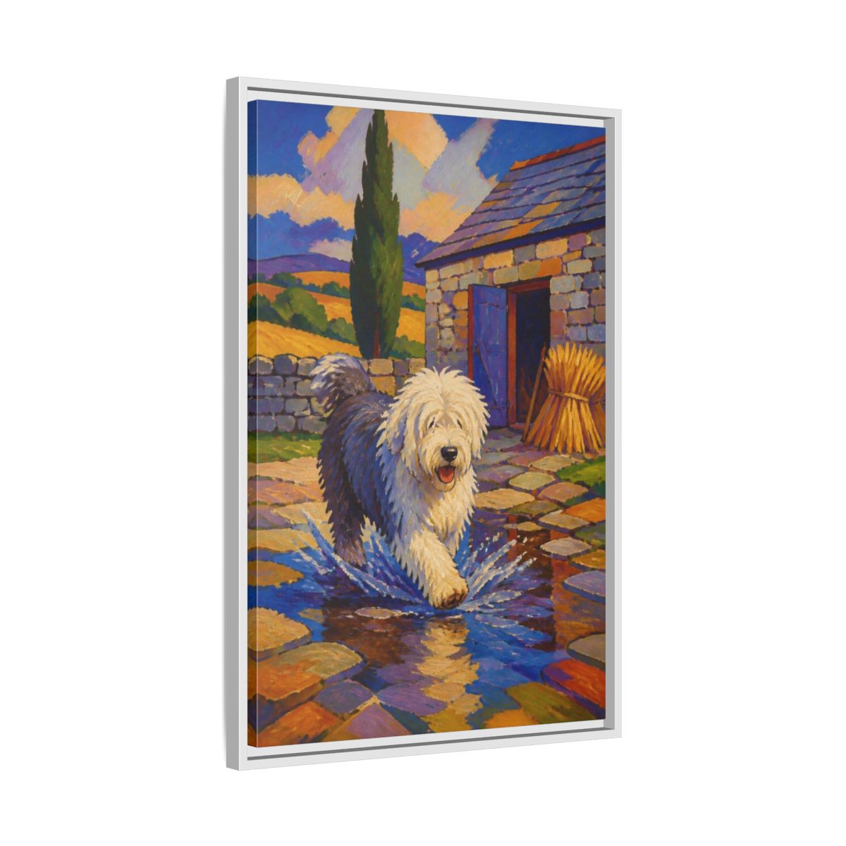 Side Mockup 10. Pet Sheepdog Splash shown as framed canvas print