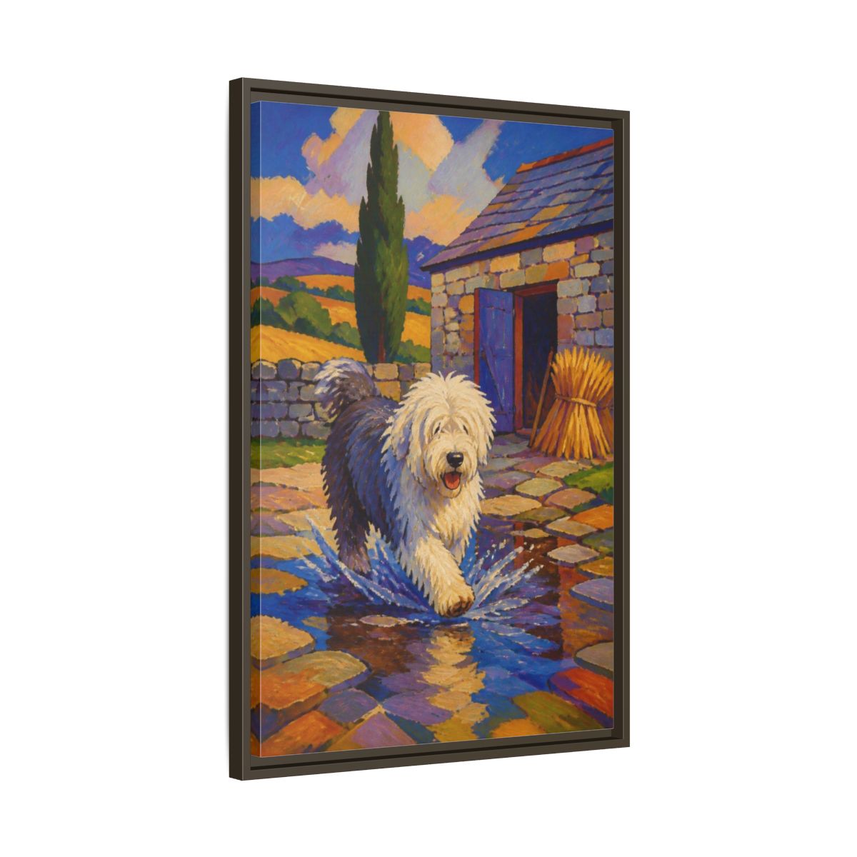 Side Mockup 11. Pet Sheepdog Splash shown as framed canvas print