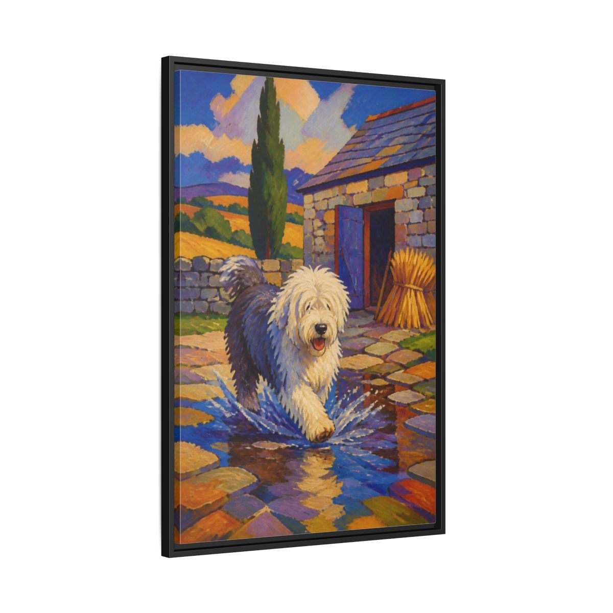 Side Mockup 13. Pet Sheepdog Splash shown as framed canvas print