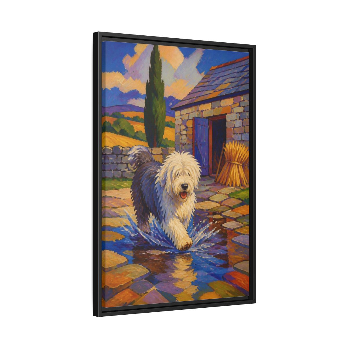 Side Mockup 14. Pet Sheepdog Splash shown as framed canvas print