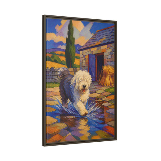 Main Mockup. Pet Sheepdog Splash shown as framed canvas print