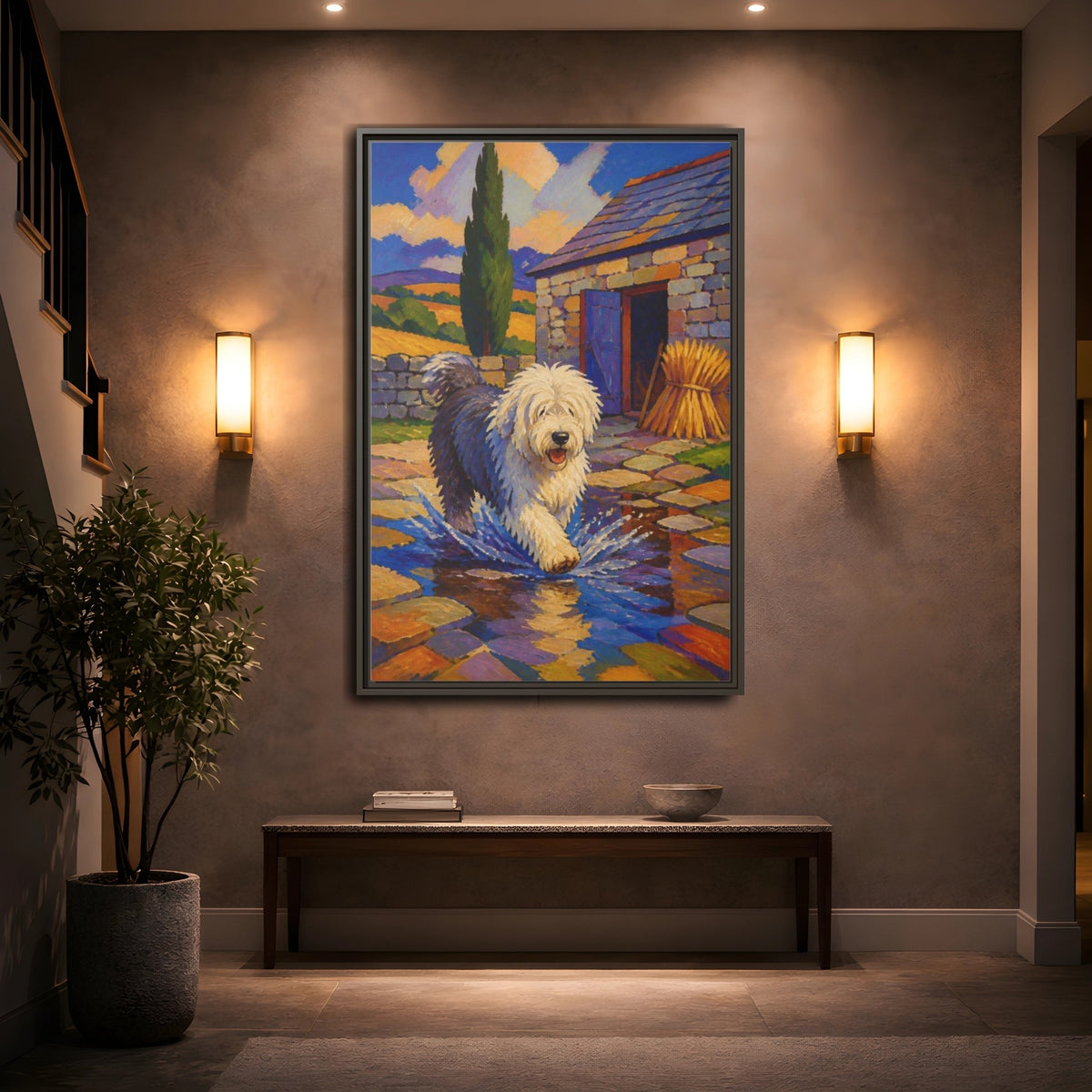 Mockup 2. Pet Sheepdog Splash shown as framed canvas print