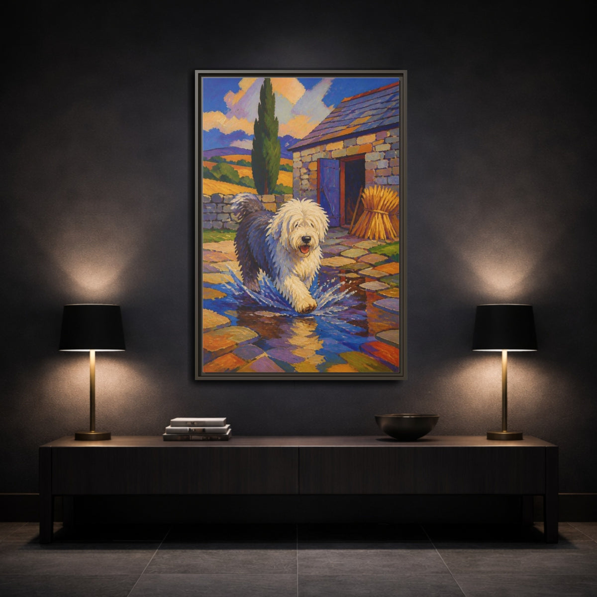 Mockup 3. Pet Sheepdog Splash shown as framed canvas print