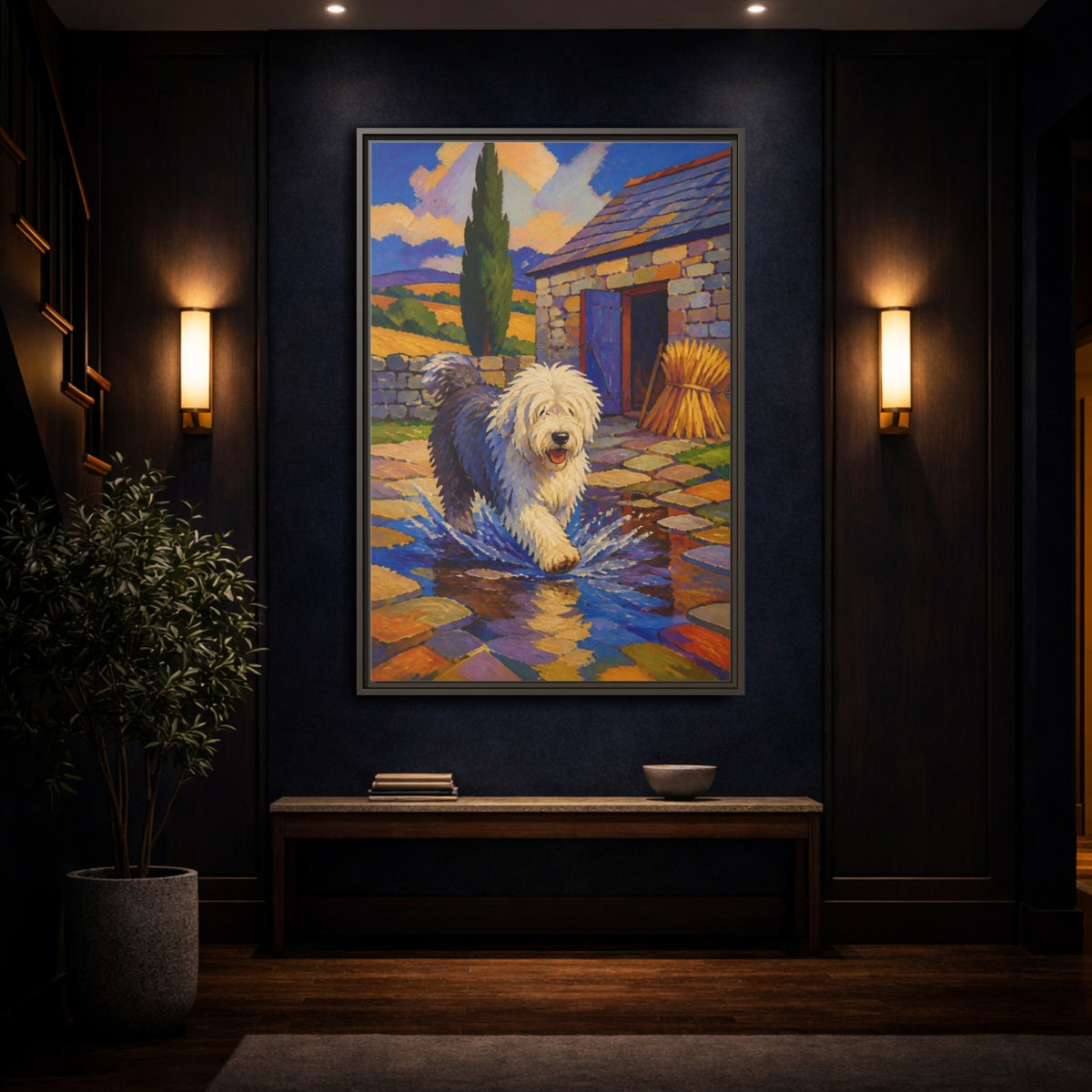 Mockup 4. Pet Sheepdog Splash shown as framed canvas print
