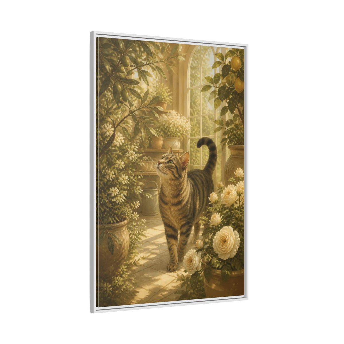 Side Mockup 7. Pet Tabby In Conservatory shown as framed canvas print