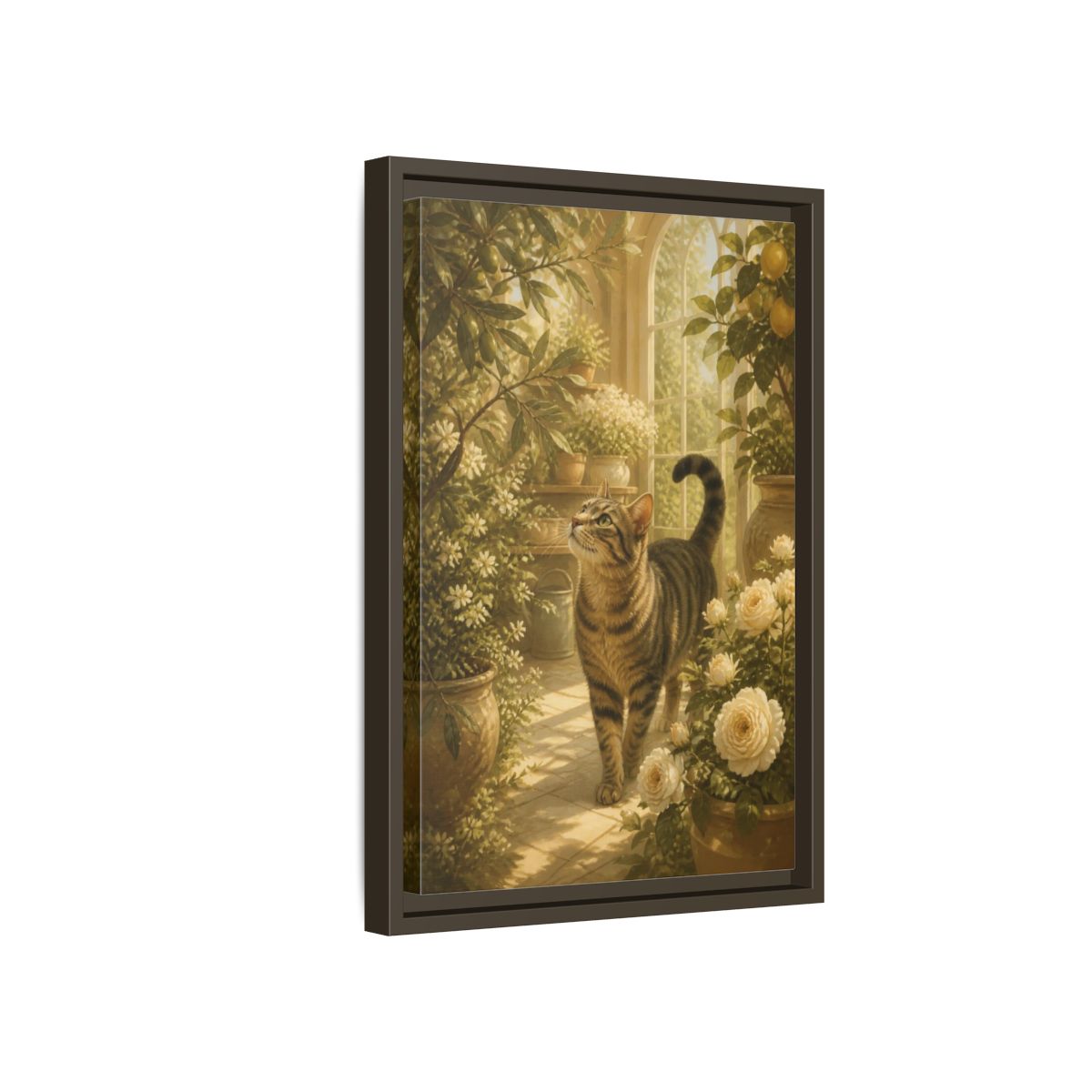 Side Mockup 5. Pet Tabby In Conservatory shown as framed canvas print