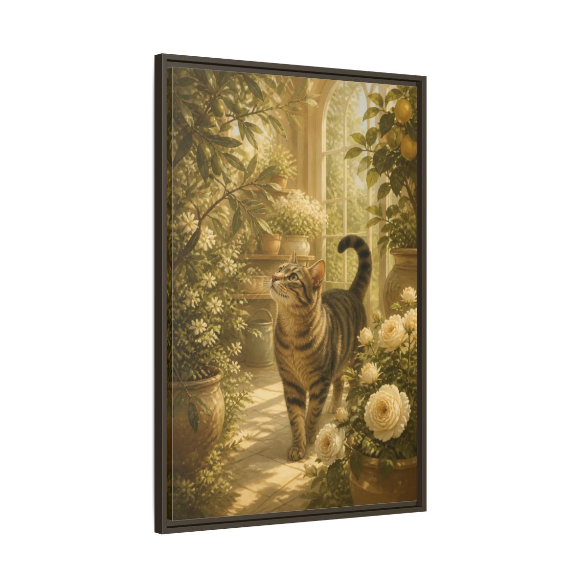 Main Mockup. Pet Tabby In Conservatory shown as framed canvas print