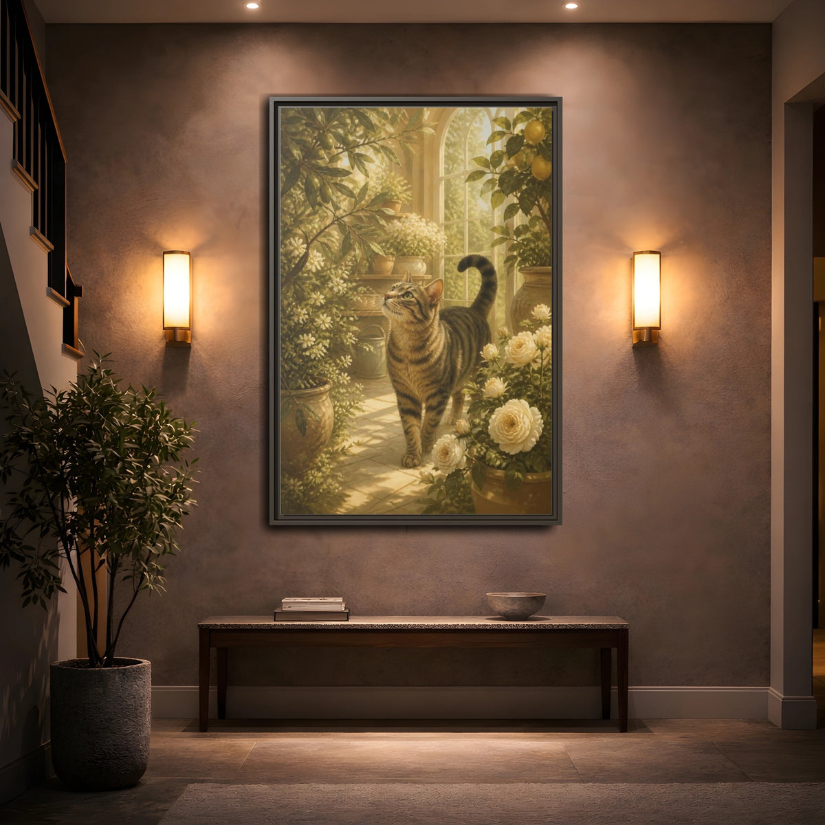 Mockup 2. Pet Tabby In Conservatory shown as framed canvas print
