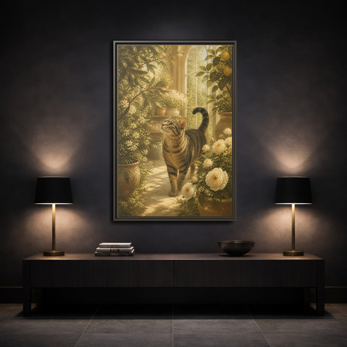 Mockup 3. Pet Tabby In Conservatory shown as framed canvas print